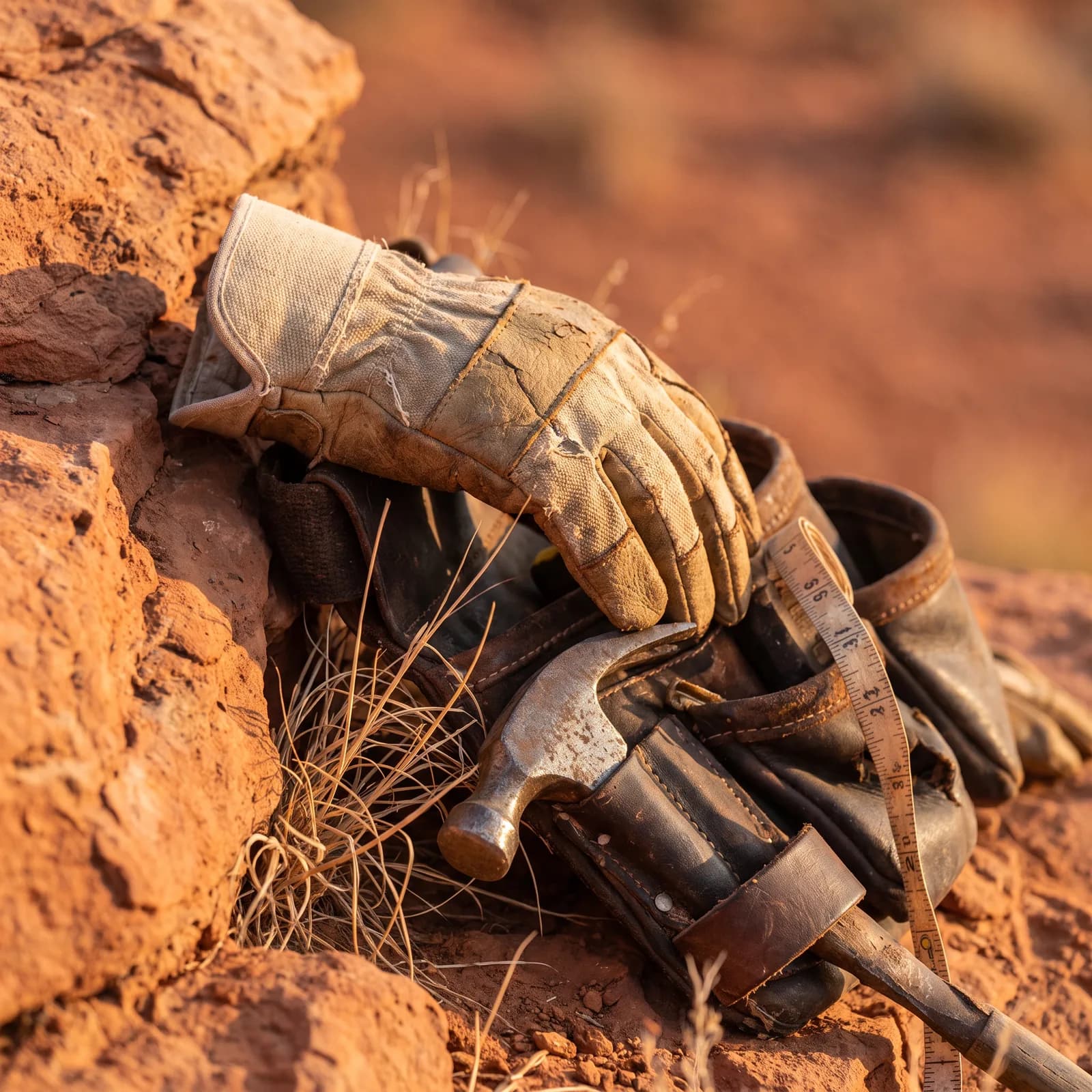 Work gloves and a tool belt resting on sandstone