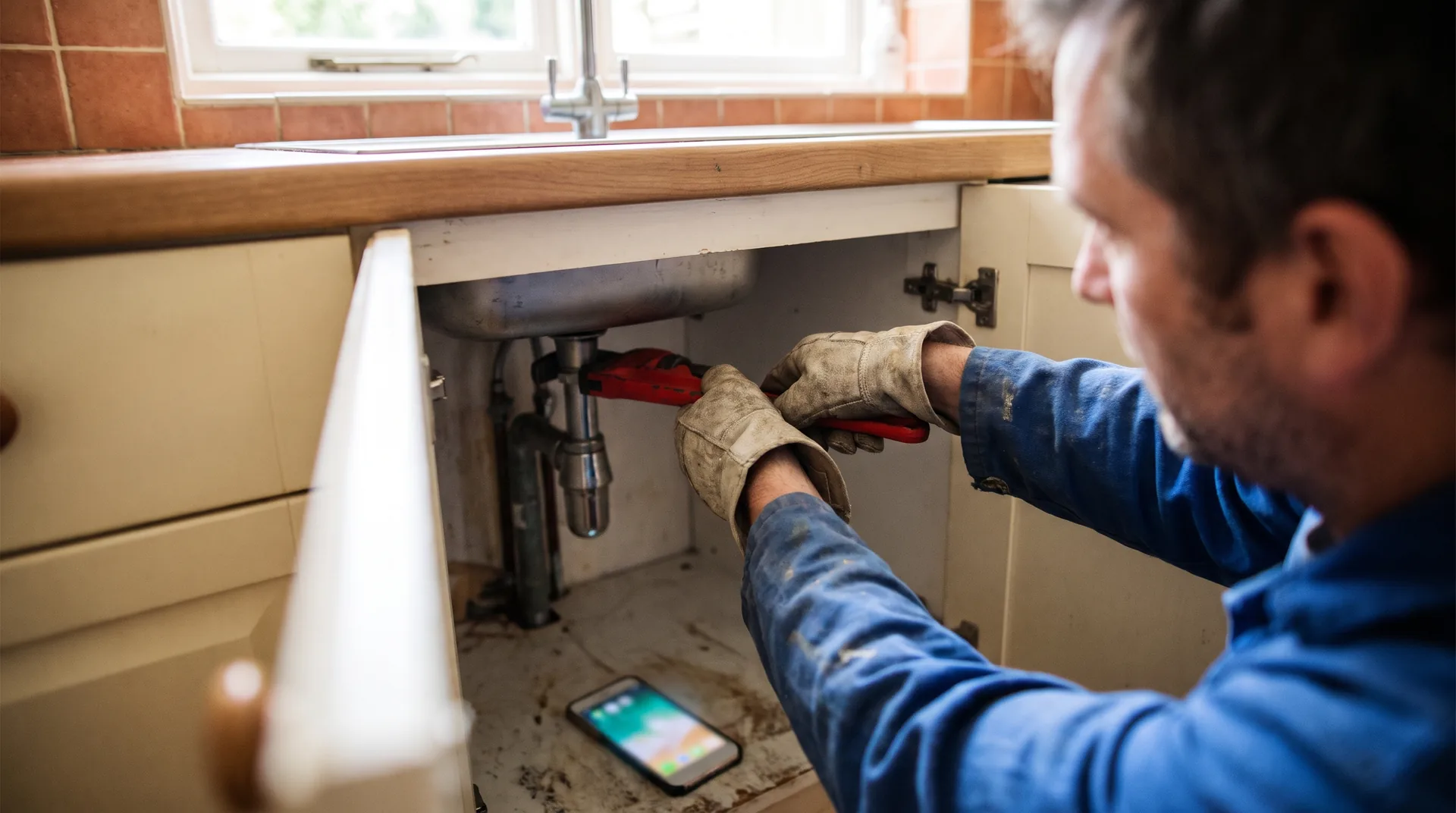 A plumber working under a kitchen sink, with a phone nearby