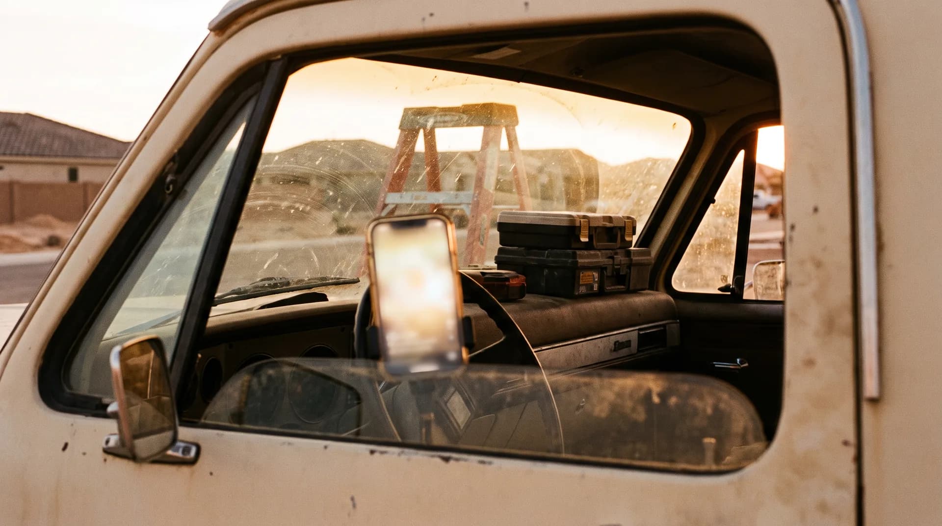 A work truck parked on a desert road in warm evening light