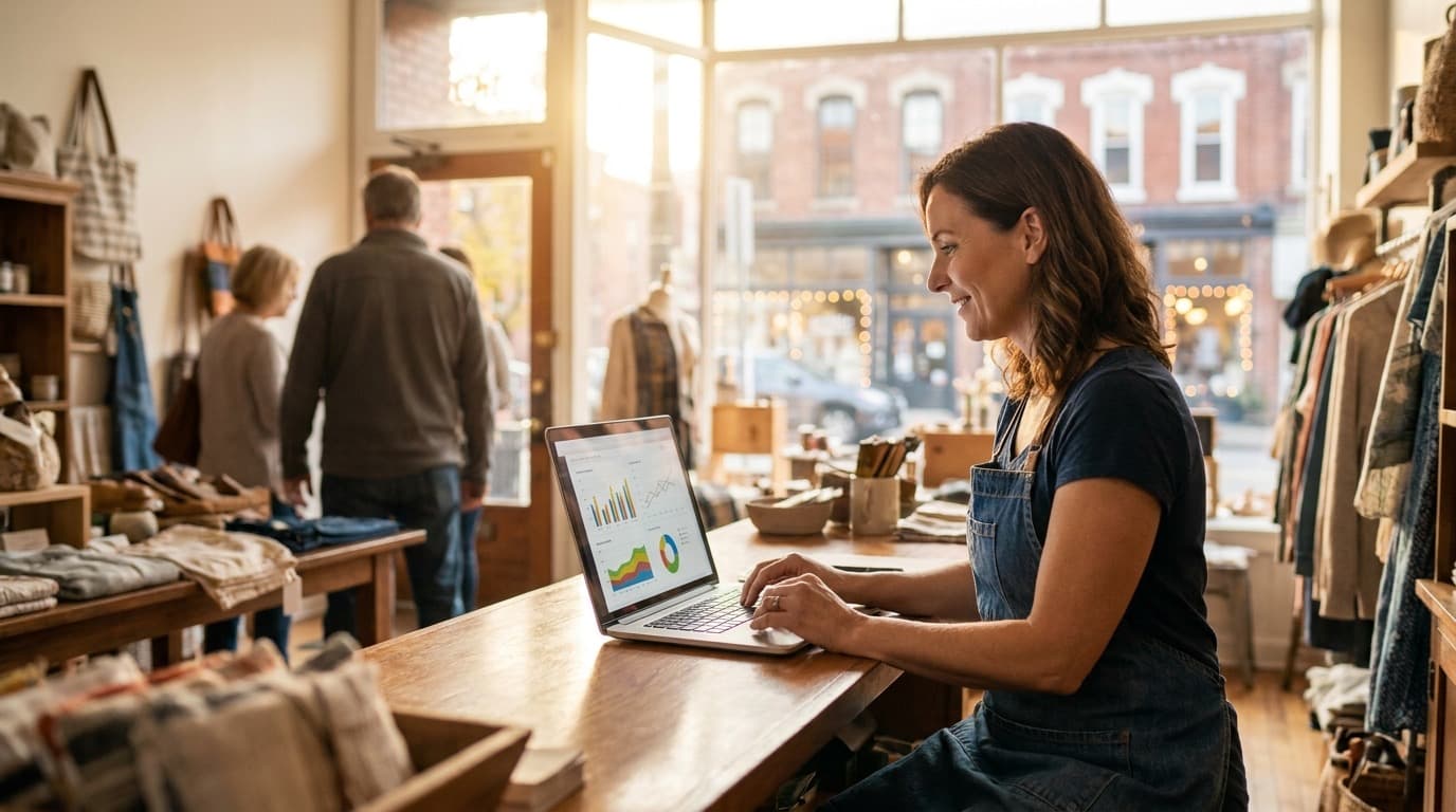 A Lake Havasu business owner reviewing Google Ads results on a laptop at a tidy front counter
