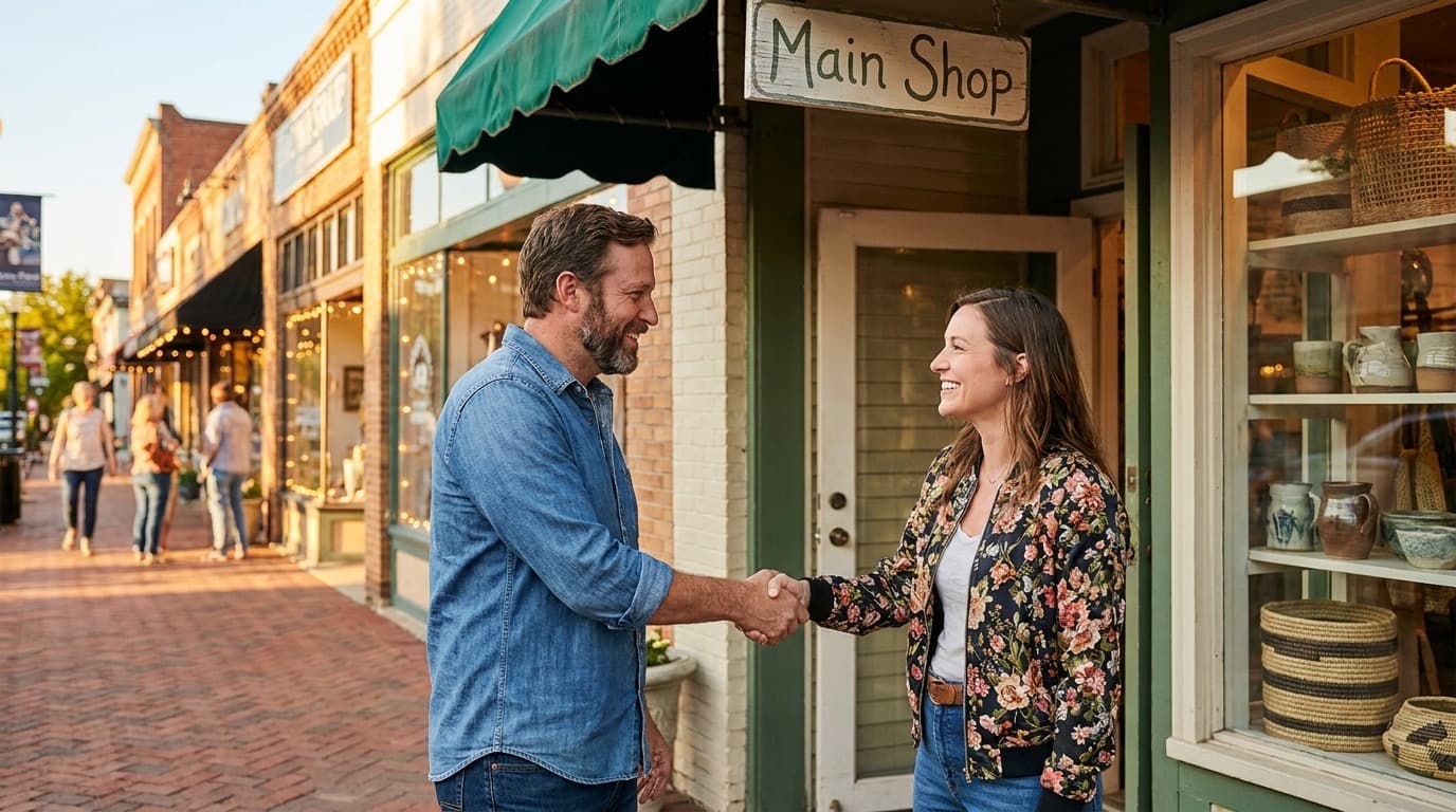 A busy local business owner shaking hands with a happy repeat customer outside their shop