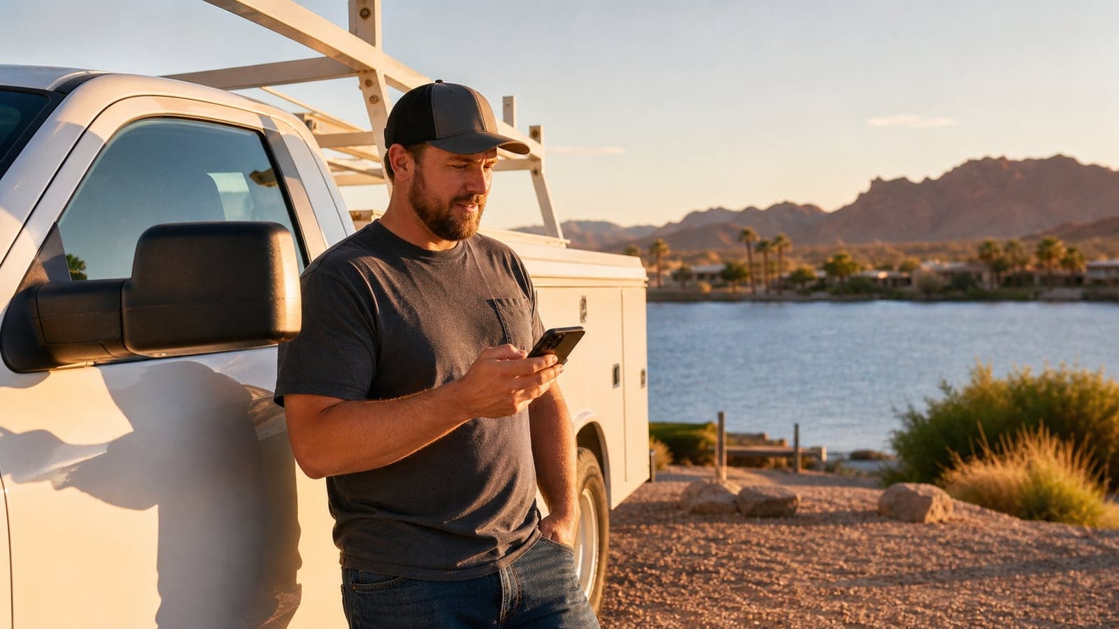 Lake Havasu small business owner checking a phone call beside a service truck at golden hour