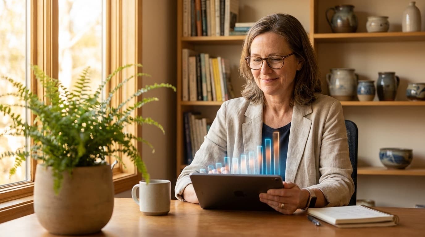 A small-business owner reviewing a simple website analytics dashboard on a tablet