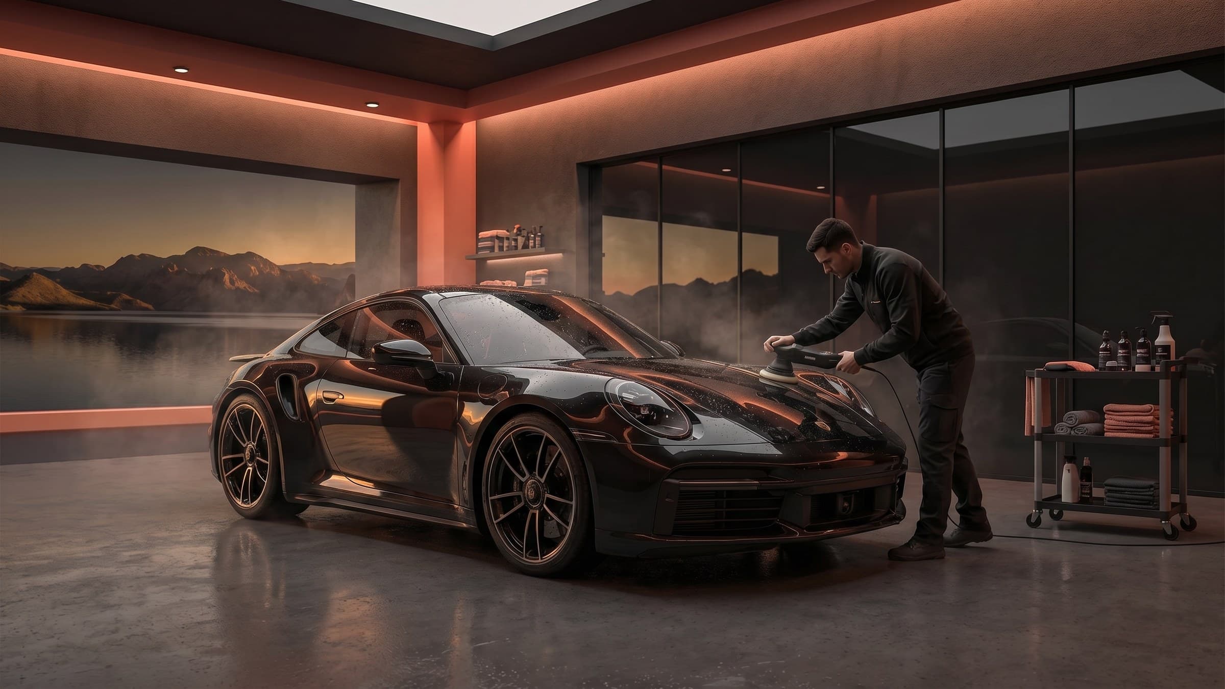 Auto detailer polishing a premium vehicle in a clean detailing studio
