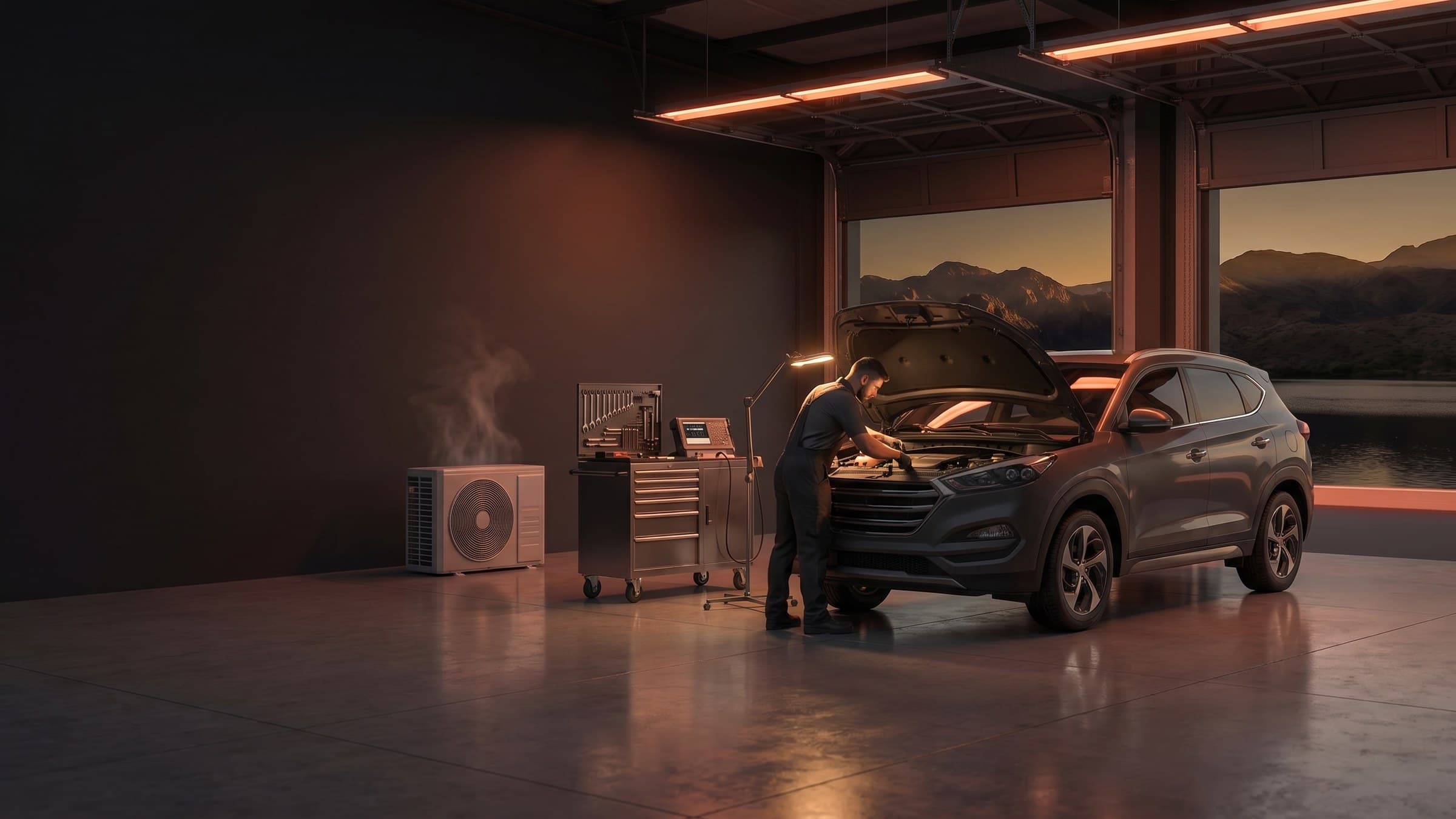 Auto repair technician diagnosing a vehicle in a modern service bay