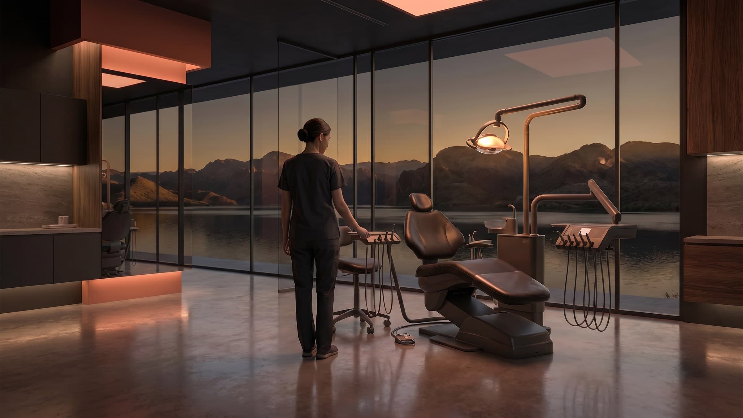 Modern dental treatment room prepared for patients in a premium practice setting
