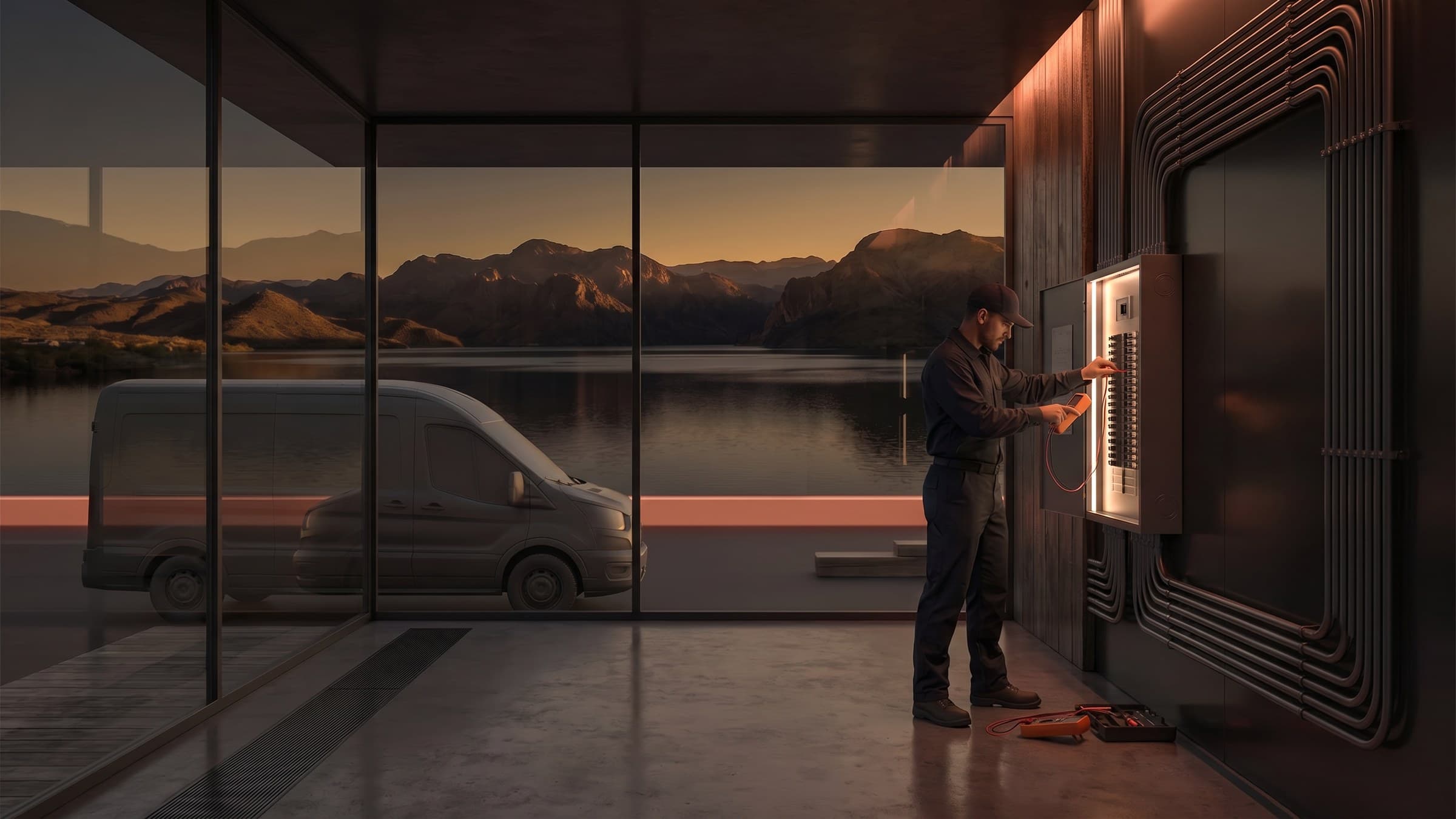 Electrician working on a modern electrical panel in a premium interior space