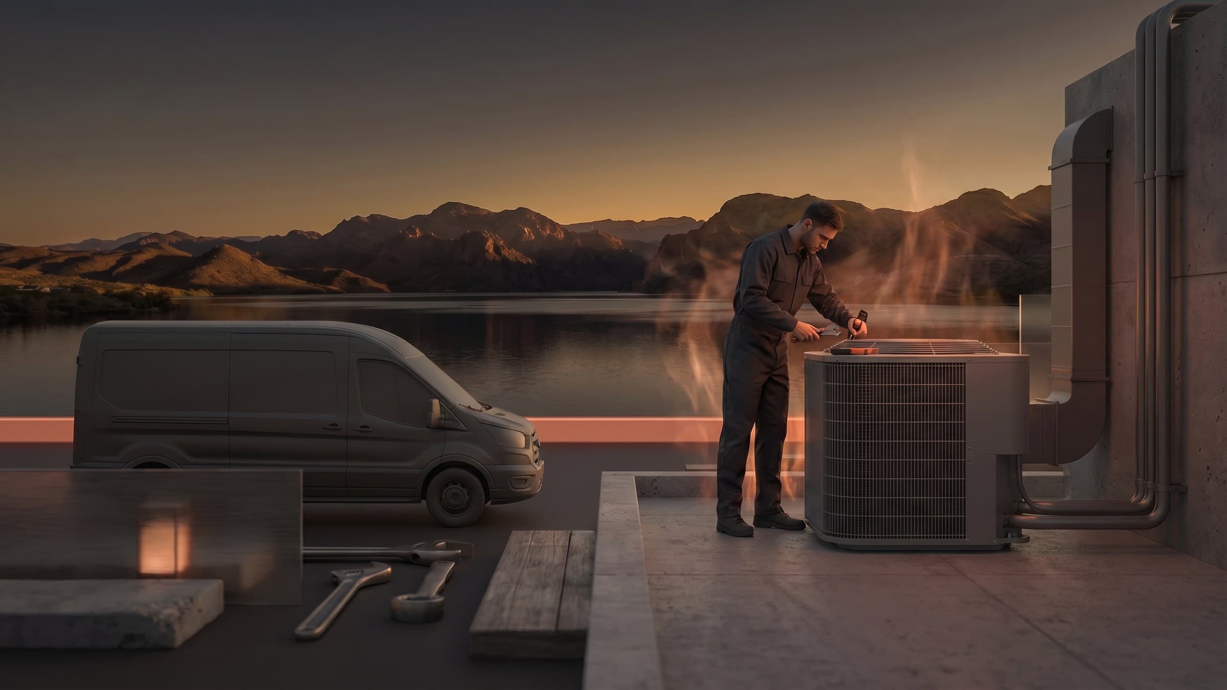 HVAC technician servicing cooling equipment in desert heat near Lake Havasu