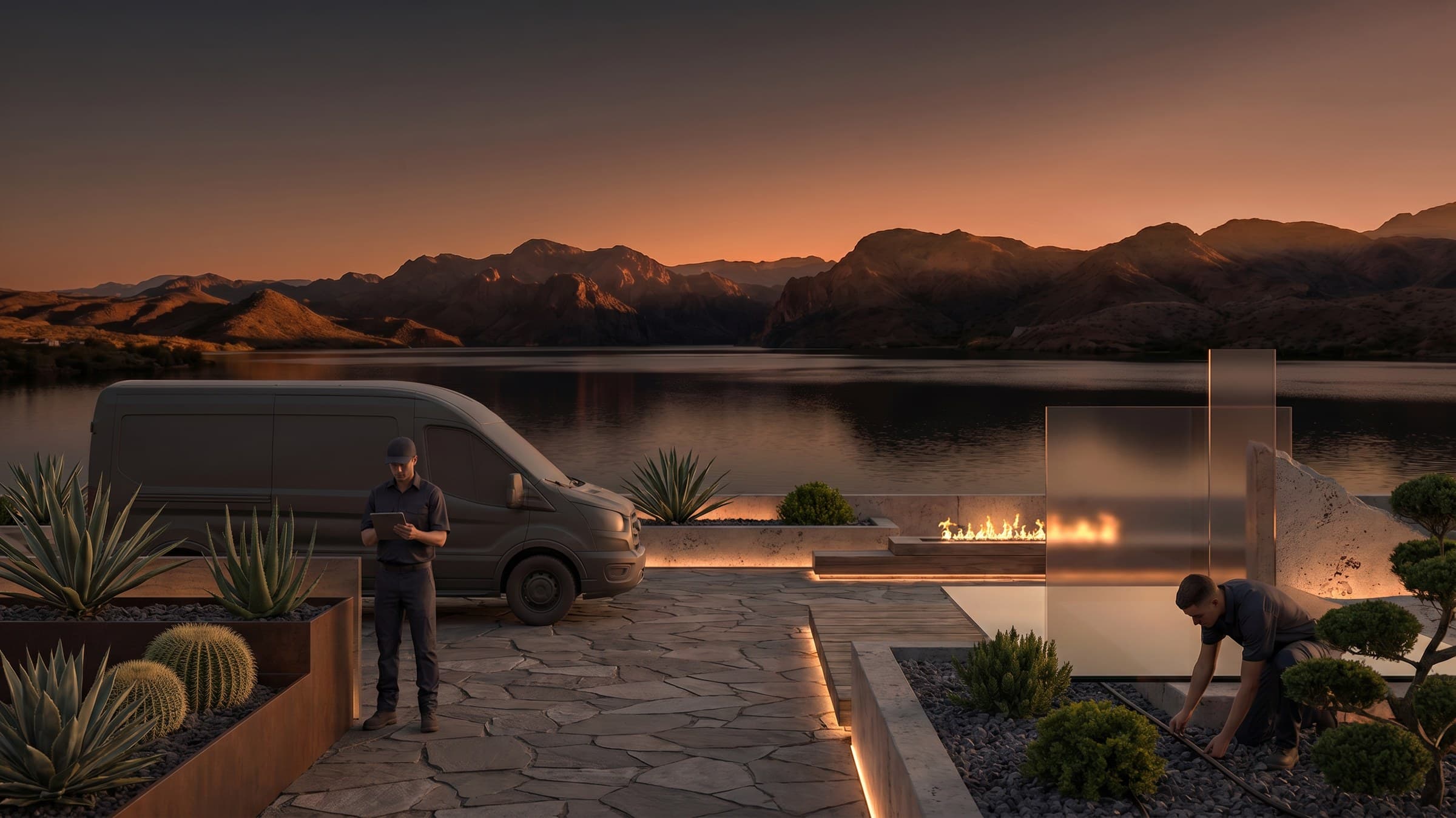 Desert landscaping crew working in a refined Arizona outdoor living space