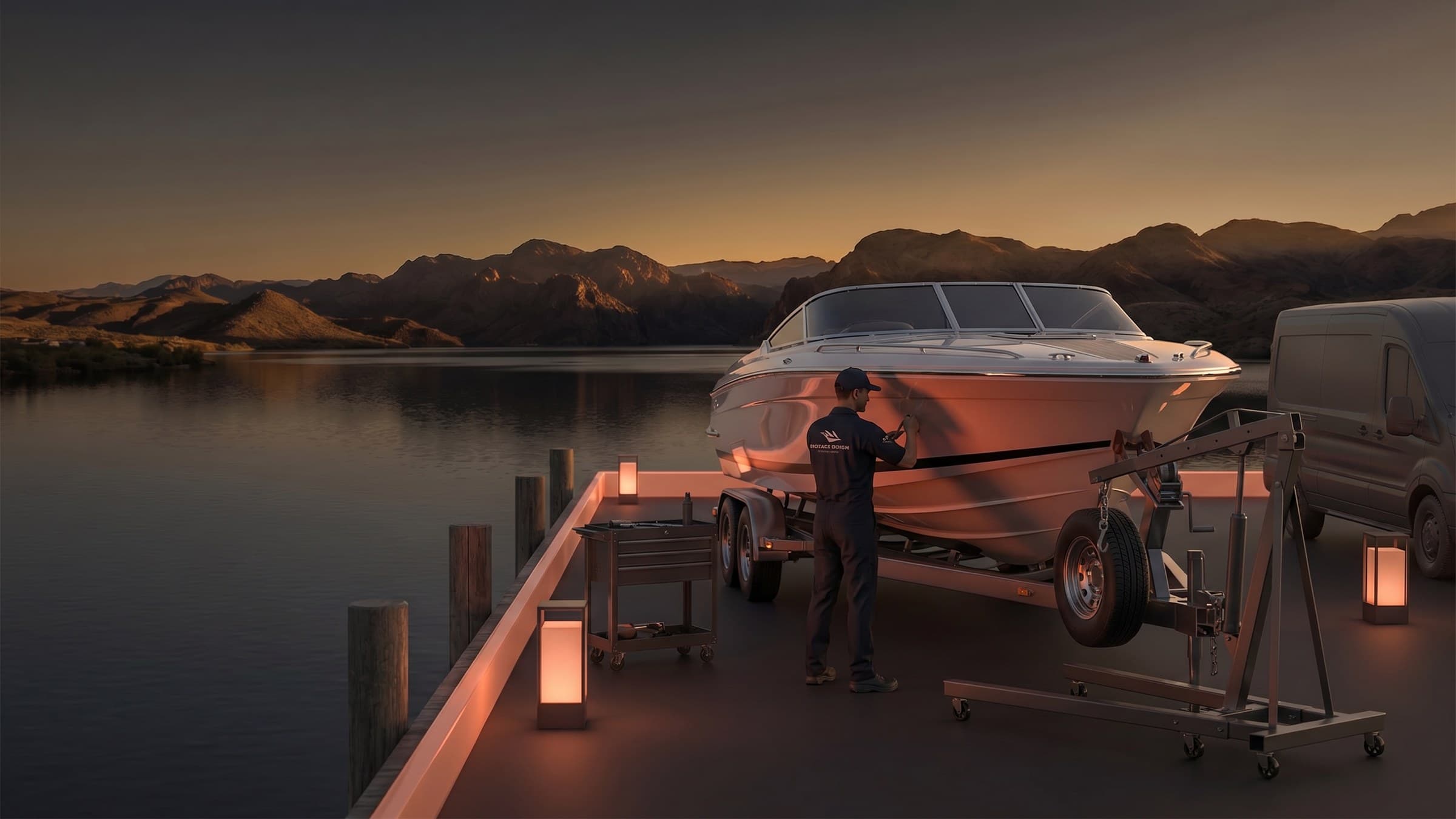 Marine technician servicing a boat near the water in Lake Havasu