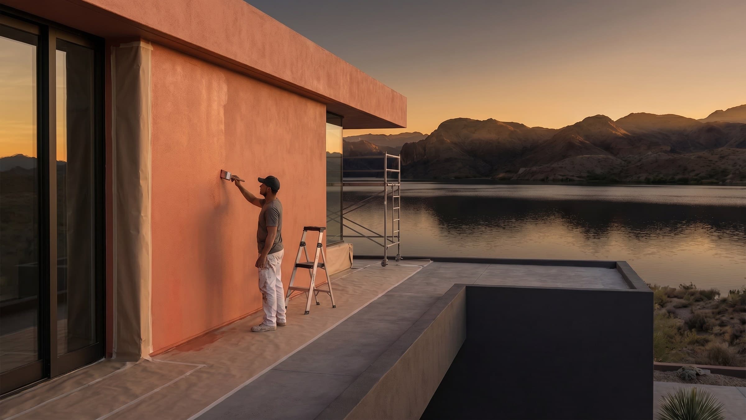 Painting contractor applying finish to a modern desert home exterior