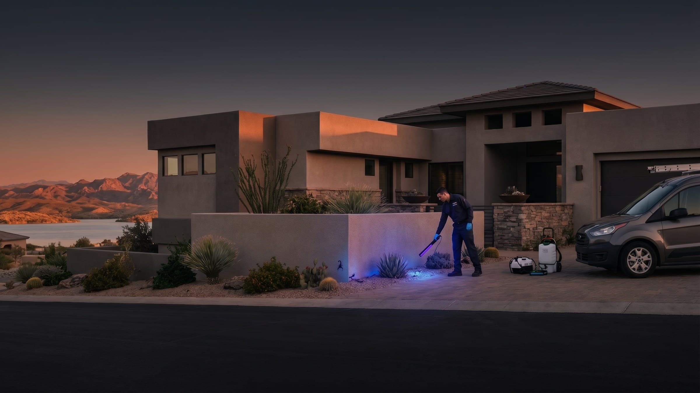 Pest control technician inspecting a desert home exterior at dusk