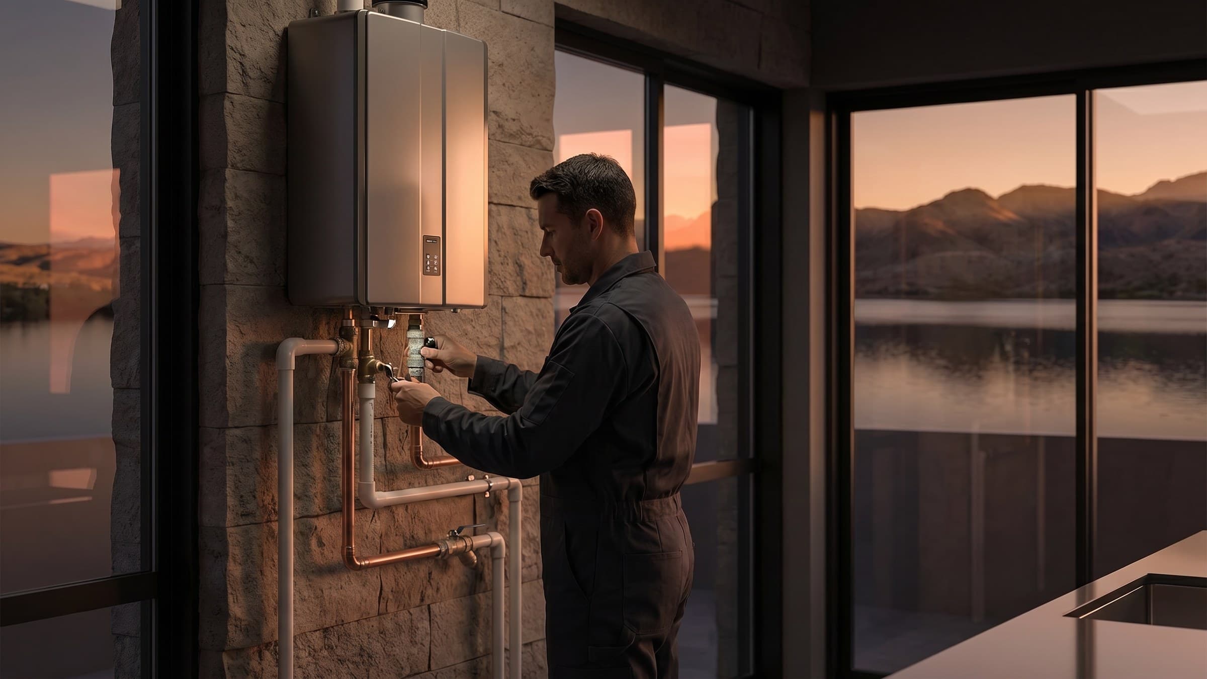 Plumber servicing residential plumbing equipment in a modern Lake Havasu setting