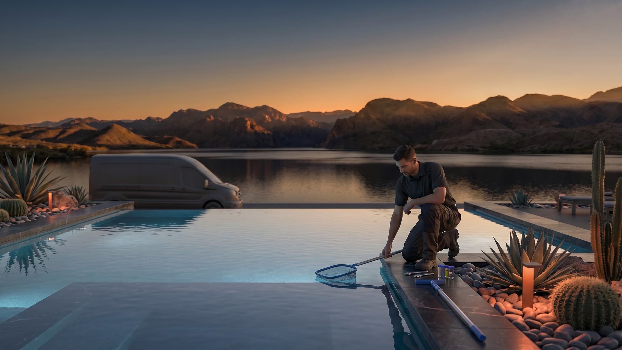 Pool technician maintaining a desert backyard pool at sunset