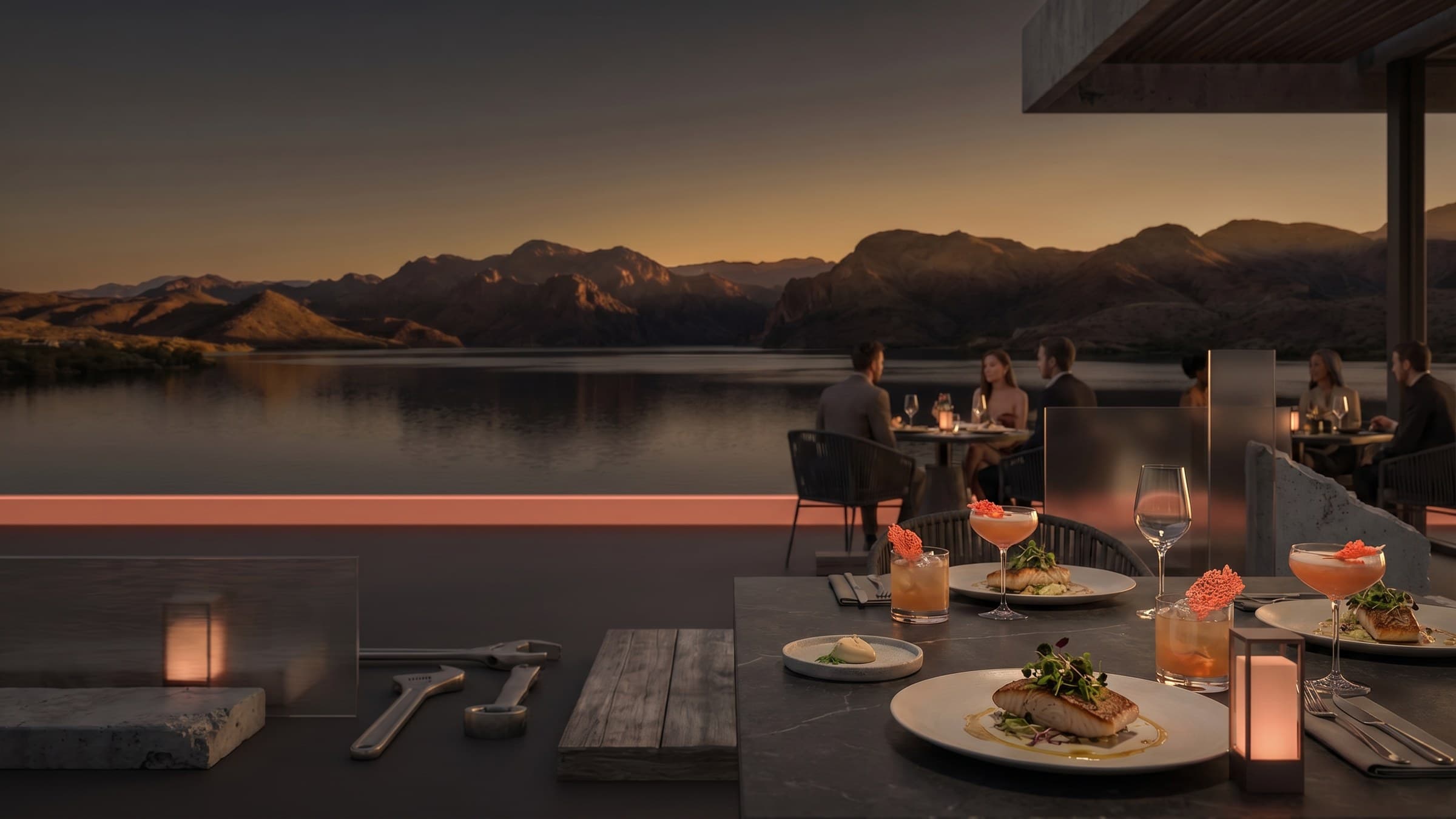 Upscale Lake Havasu restaurant dining scene with warm evening atmosphere