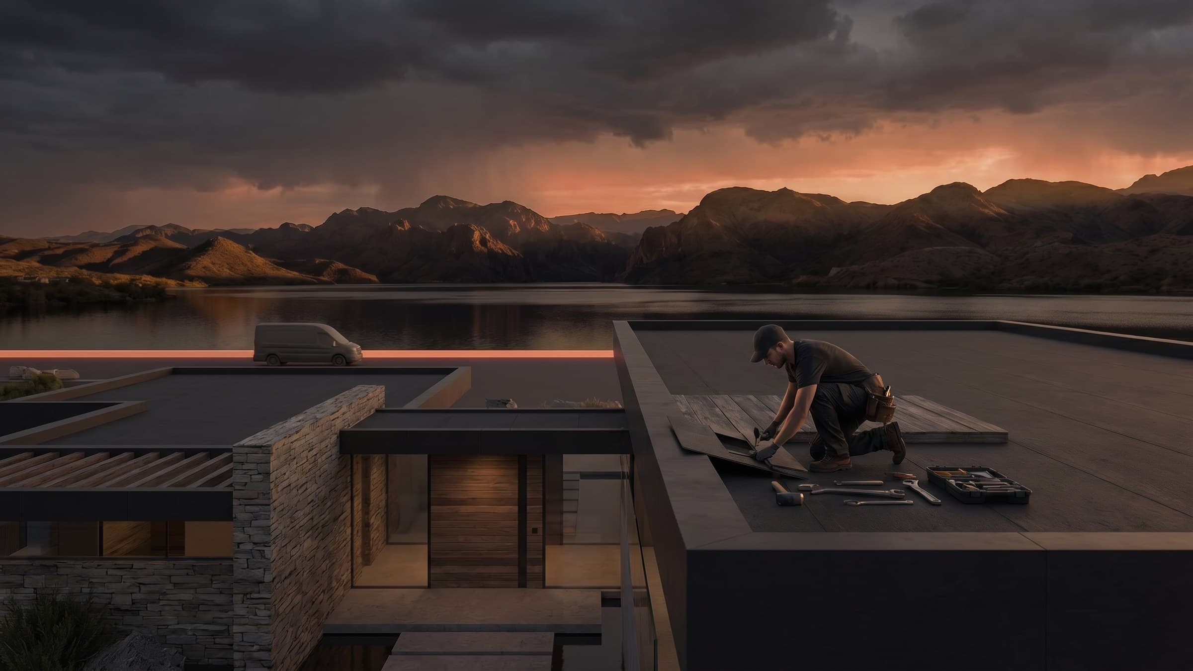 Roofing contractor performing roof work on a modern home under monsoon-season skies