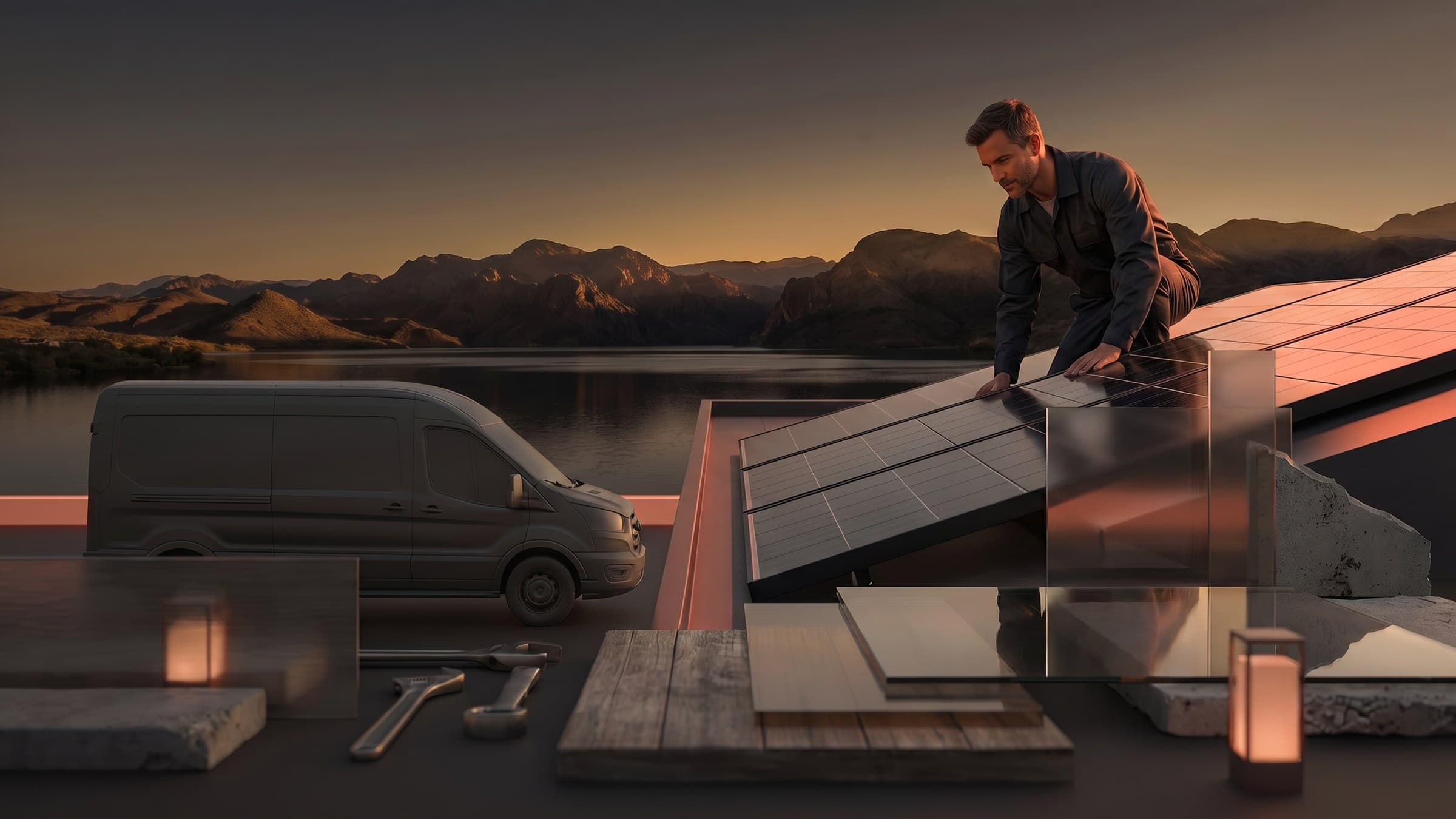 Solar technician installing panels on a modern desert home near sunset