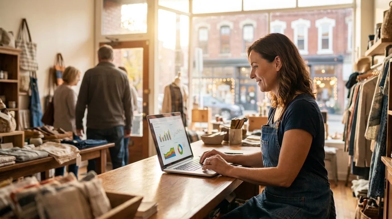 A Lake Havasu business owner reviewing Google Ads results on a laptop at a tidy front counter