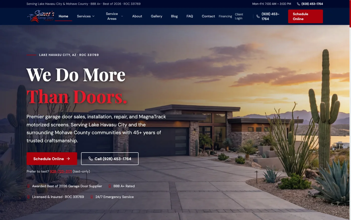 Shaver’s Garage Doors website designed by Havasu Web Studio