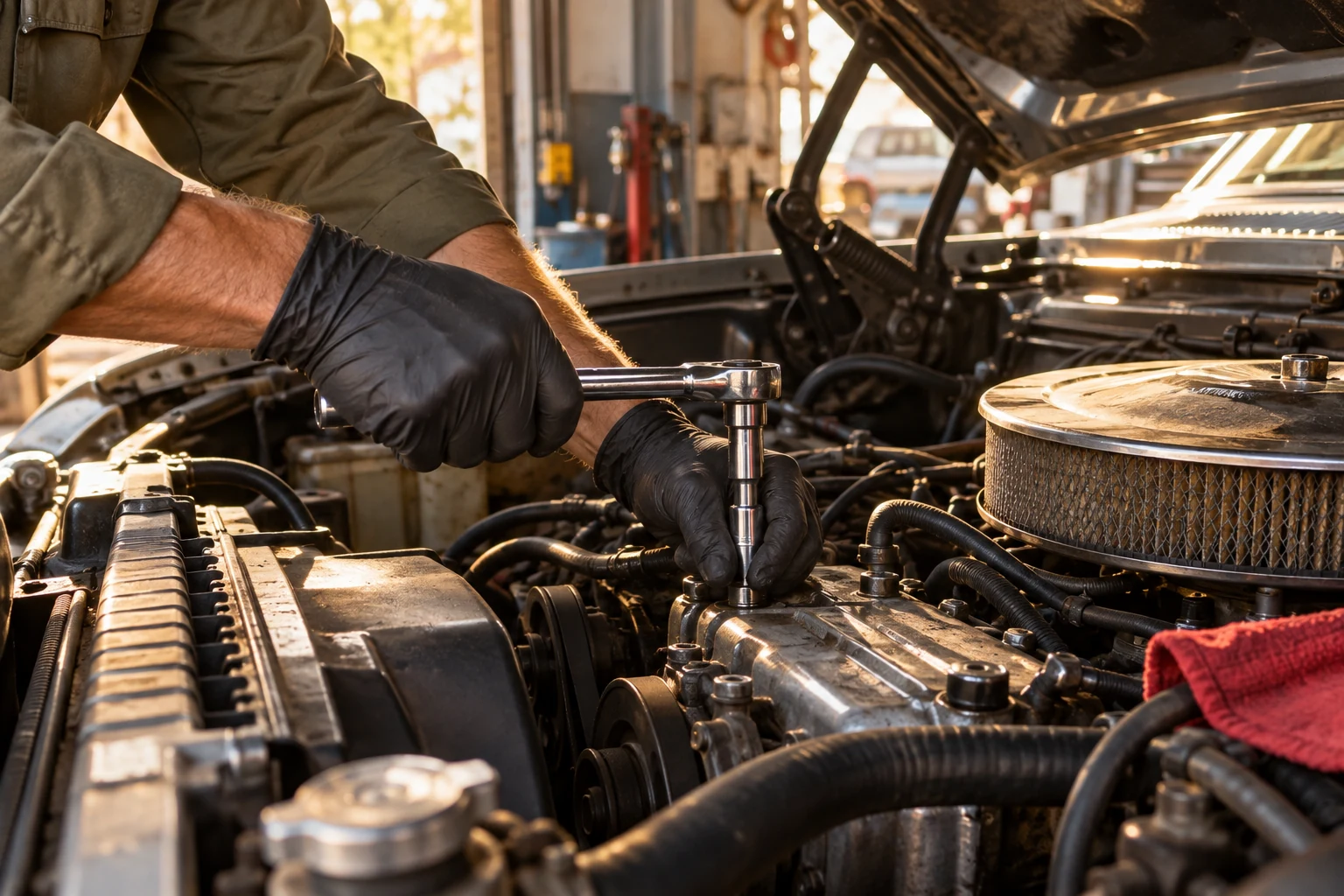 Illustrative scene: a mechanic using a socket wrench in an open engine bay