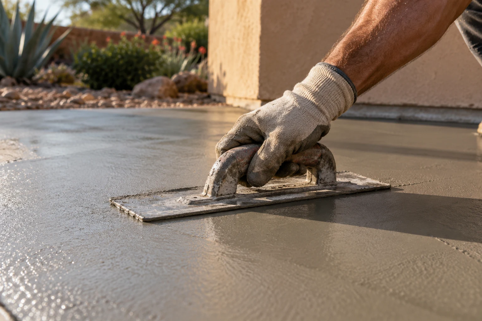 Illustrative scene: a worker finishing fresh concrete with a hand trowel