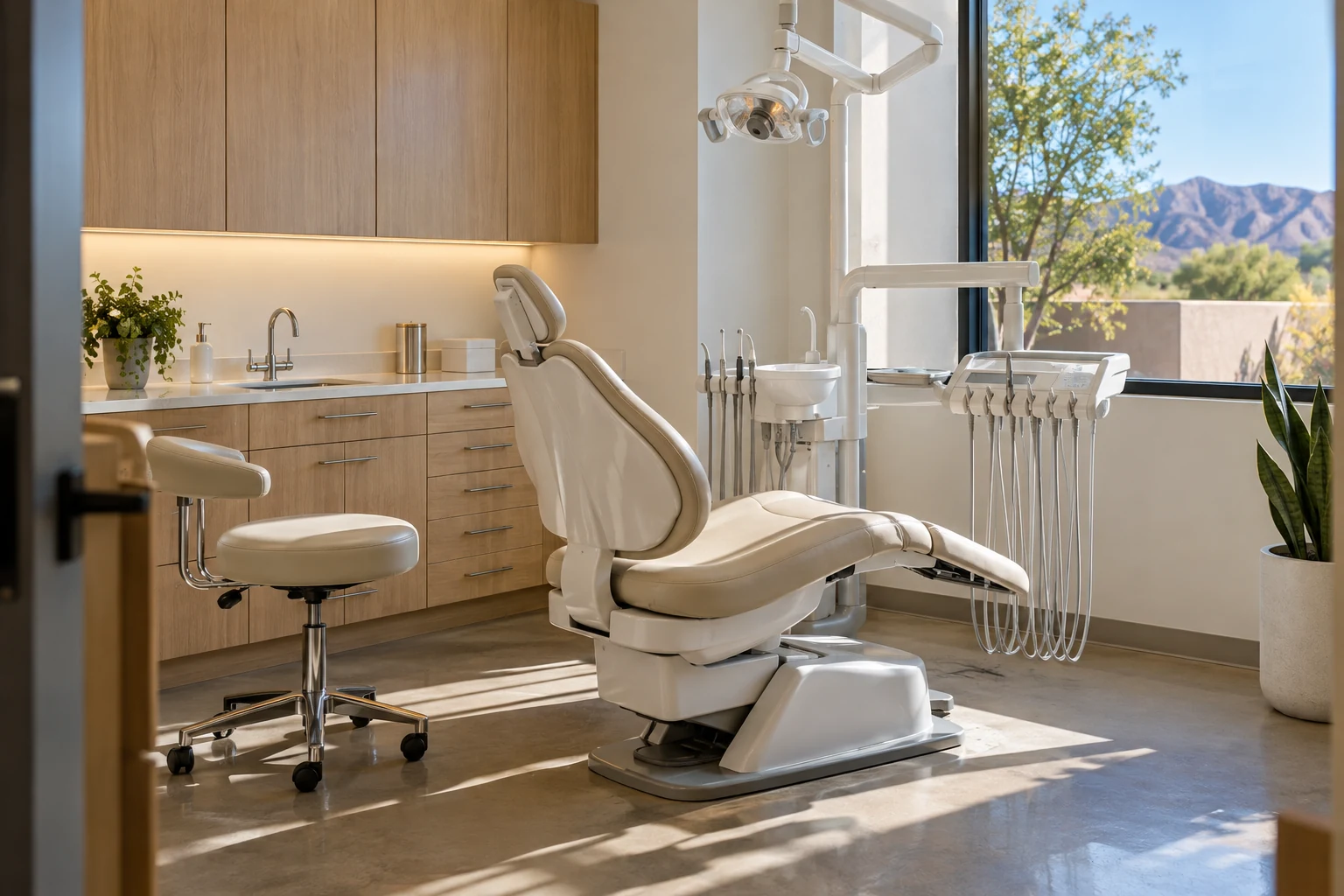 Illustrative scene: a light-filled dental treatment room with a cream chair and natural wood cabinetry