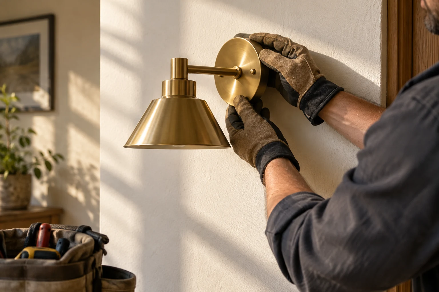 Illustrative scene: gloved hands fitting a brass wall light against warm white plaster