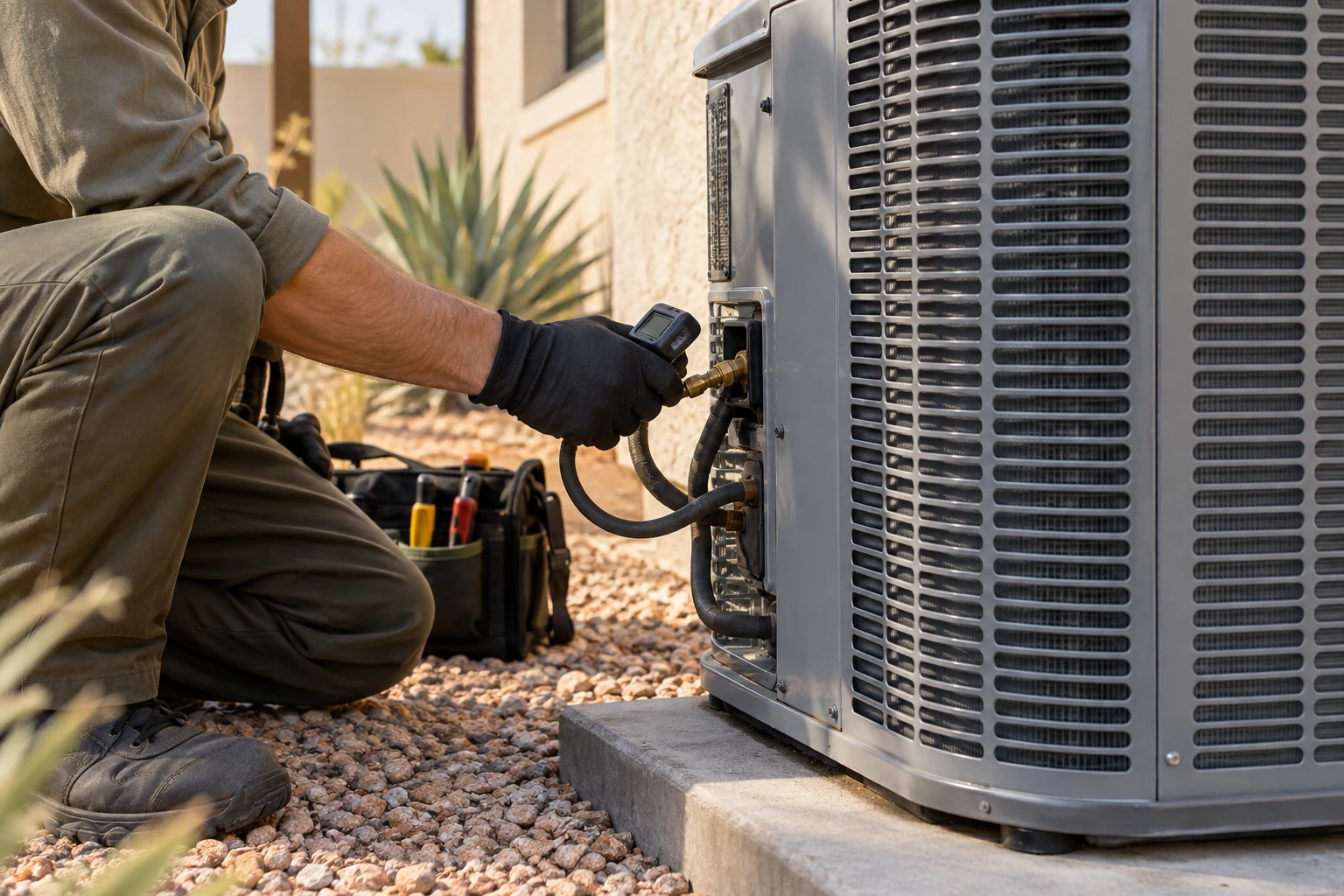 Illustrative scene: a technician checking an outdoor air-conditioning condenser beside a stucco home