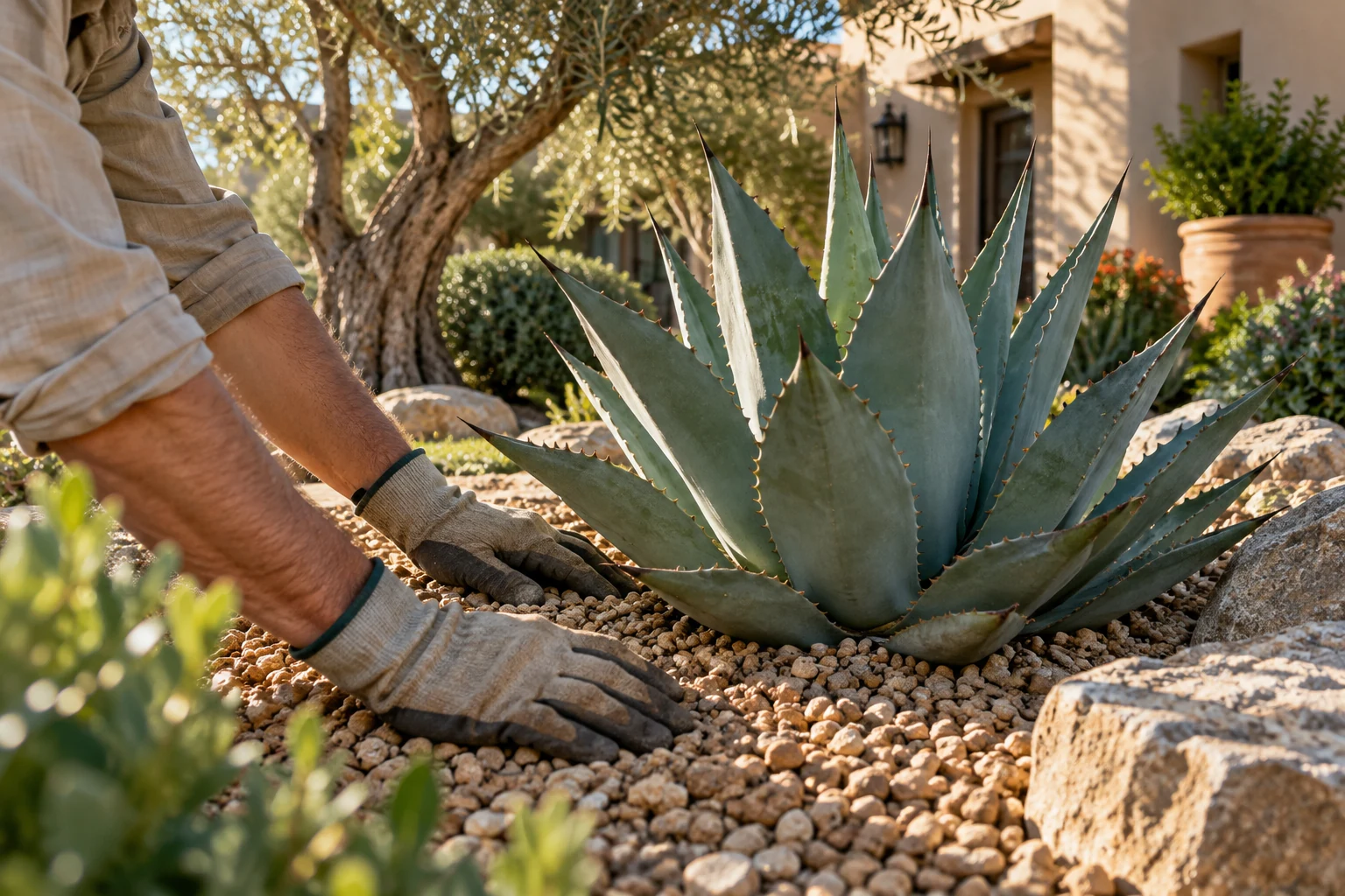 Illustrative scene: gloved hands arranging gravel around an agave in a sunlit desert garden