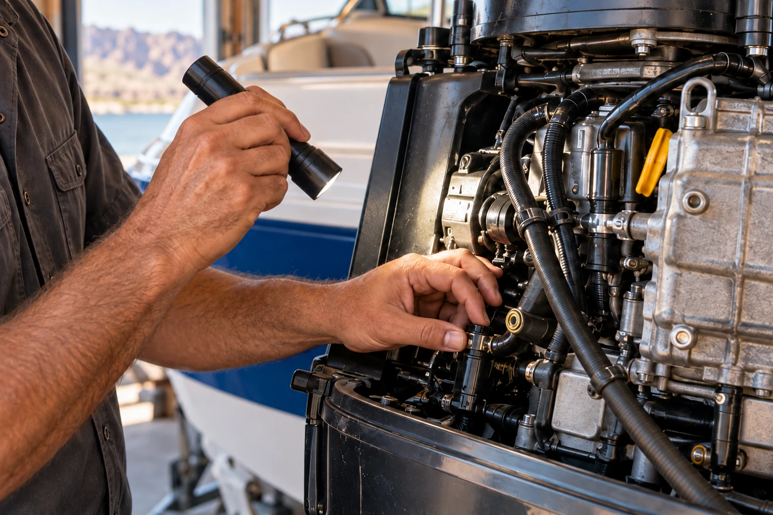 Illustrative scene: a boat technician inspecting an outboard motor in an open workshop