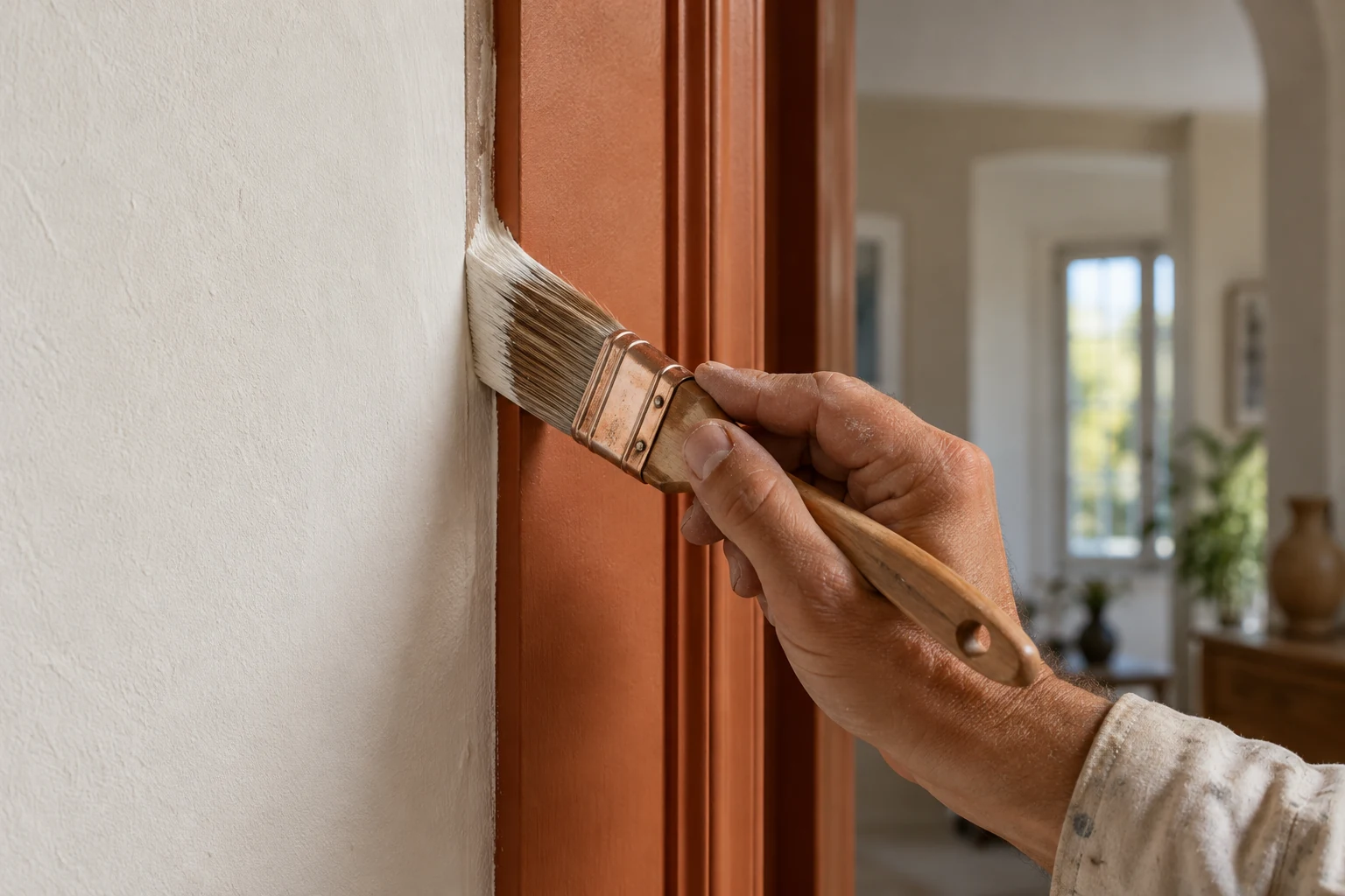 Illustrative scene: a painter cutting a clean edge beside terracotta door trim
