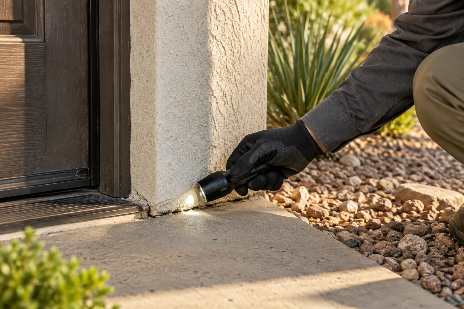 Illustrative scene: a gloved technician using a flashlight to inspect a home's stucco threshold