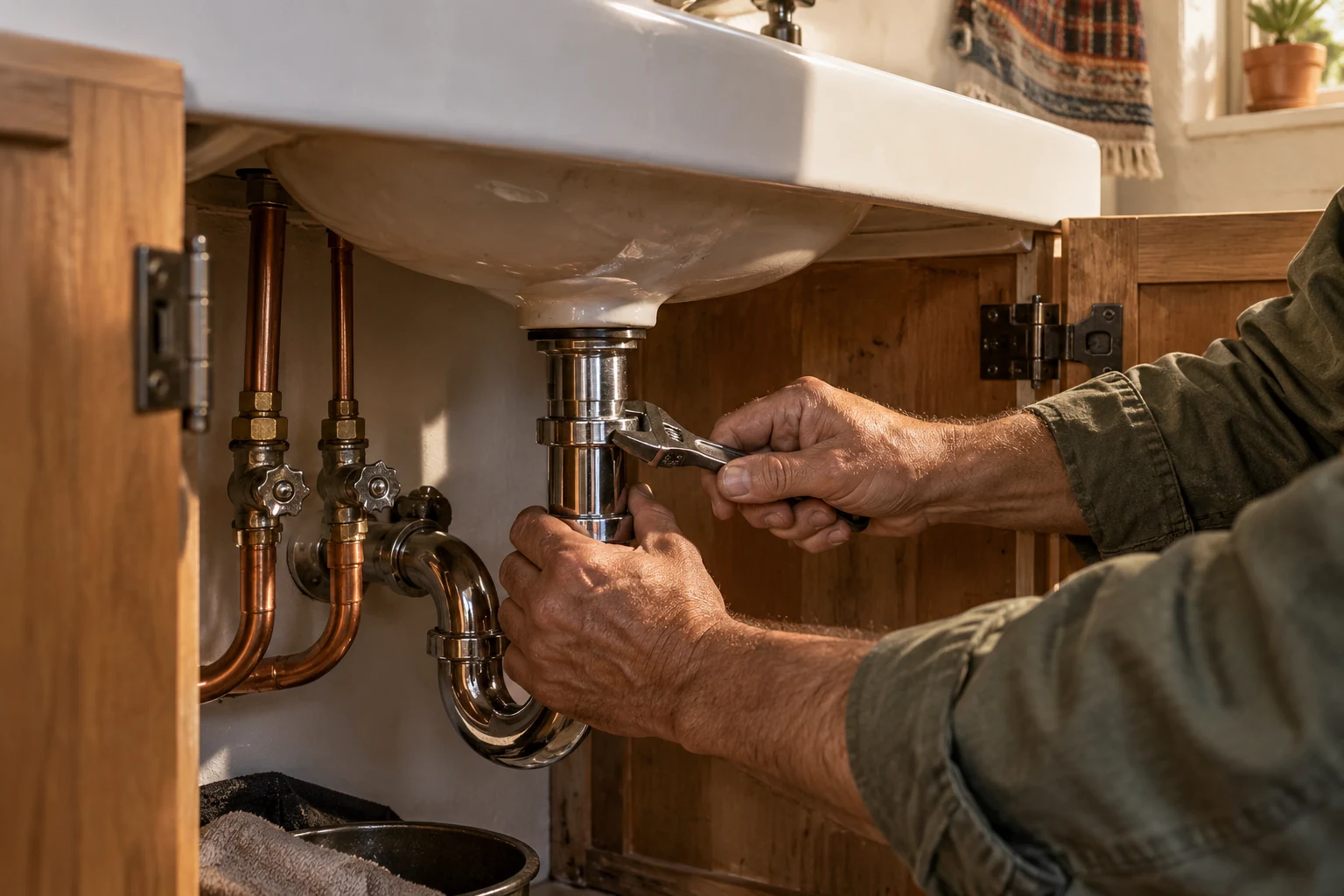 Illustrative scene: a plumber adjusting a chrome drain fitting beneath a ceramic sink