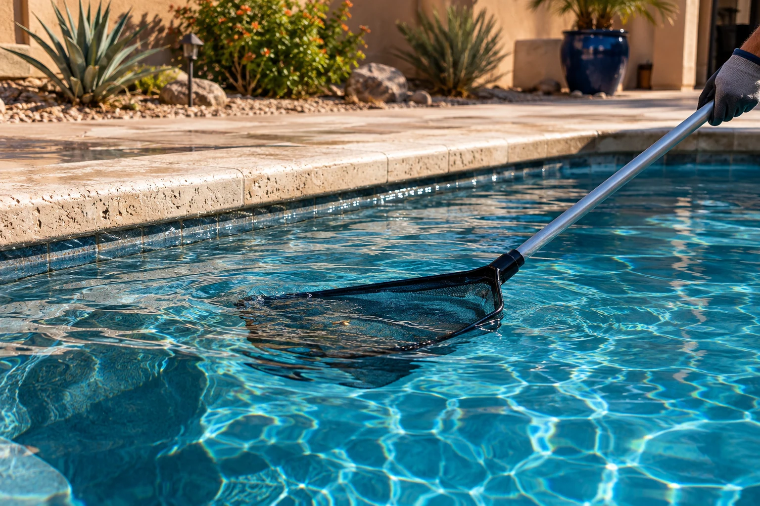 Illustrative scene: a pool net skimming clear blue water beside sunlit stone coping