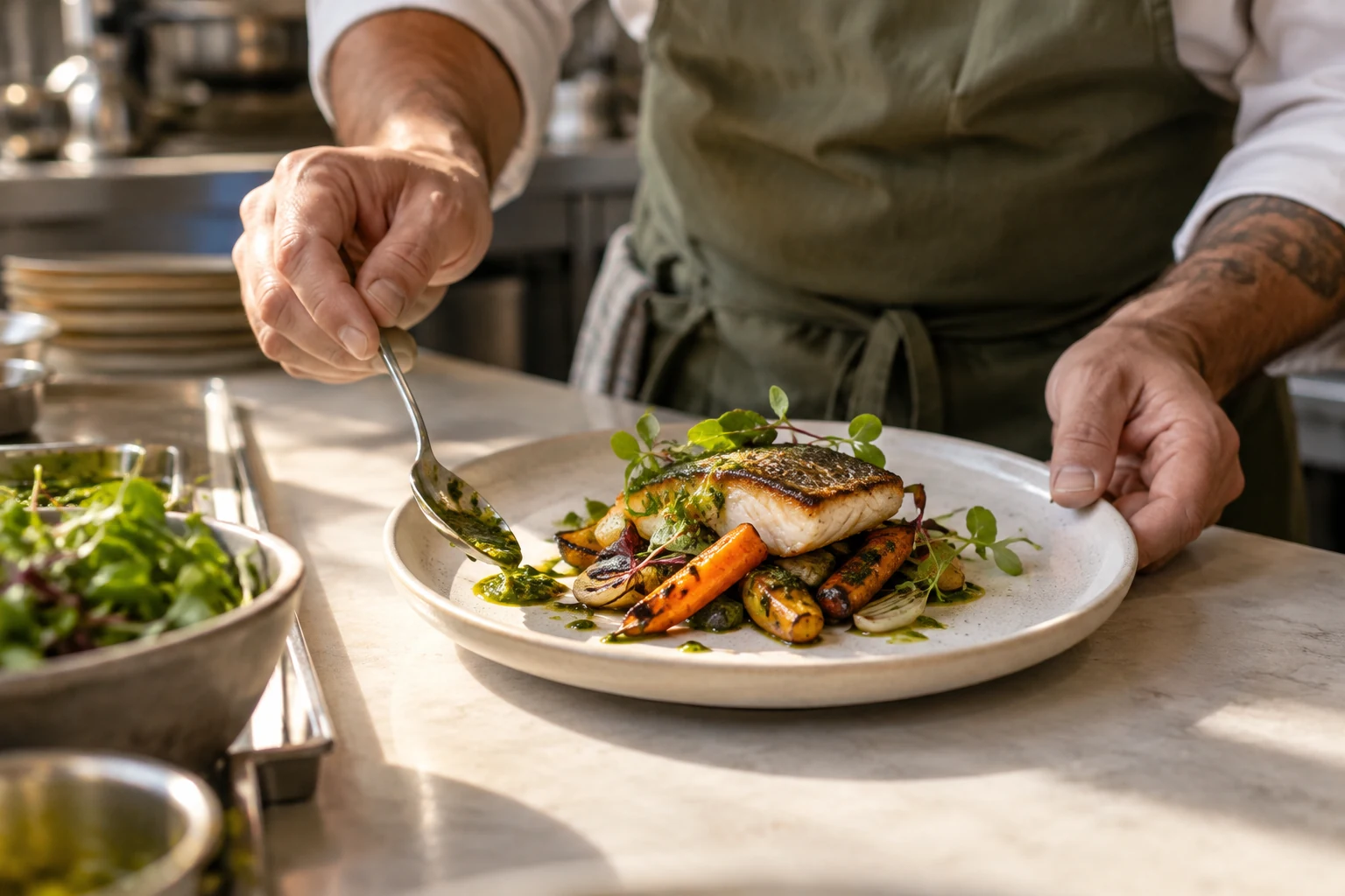 Illustrative scene: a chef finishing a fish and vegetable plate in a restaurant kitchen