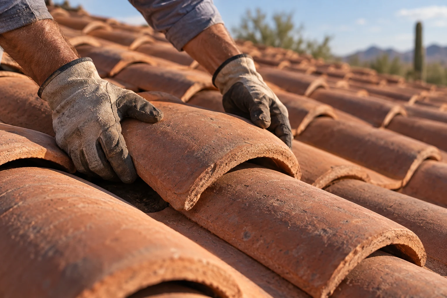 Illustrative scene: a roofer's gloved hands placing a curved clay roof tile