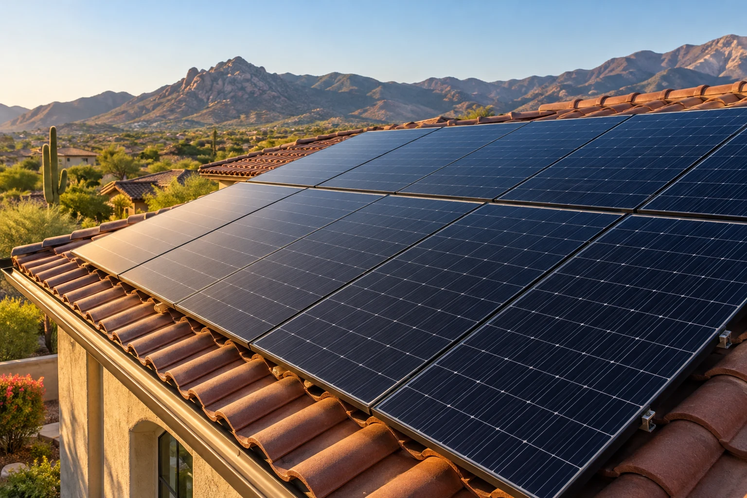 Illustrative scene: blue solar panels on a tile roof with desert mountains beyond