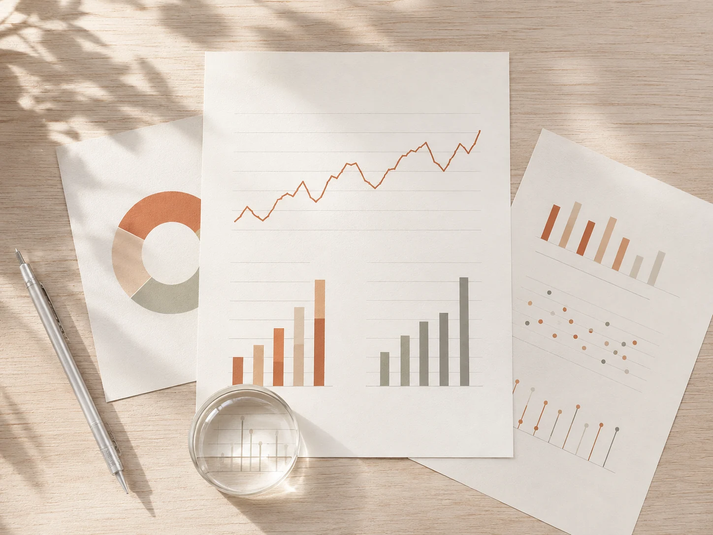 Printed analytical charts, a mechanical pencil, and a glass paperweight on a light wood desk. Illustrative reports, not client performance data.