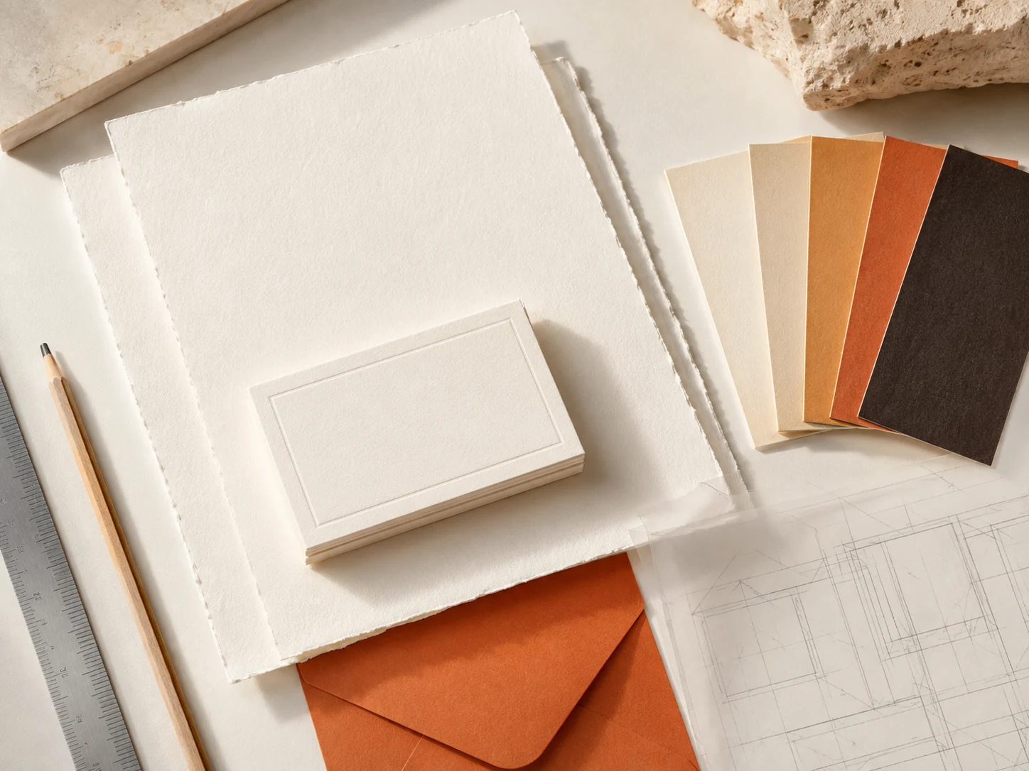Illustrative brand materials with paper textures and a warm color palette