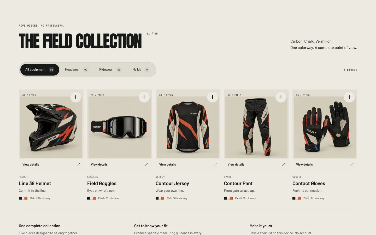 The five-piece ROOST collection with product filters and saved-kit controls