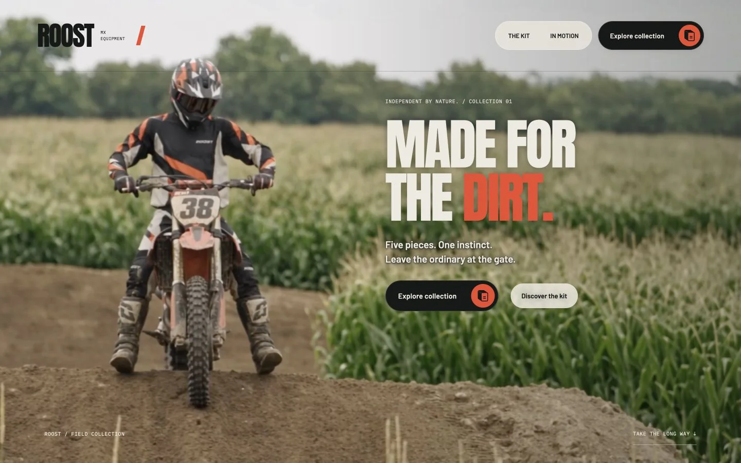 ROOST homepage with a rider and the Made for the Dirt headline