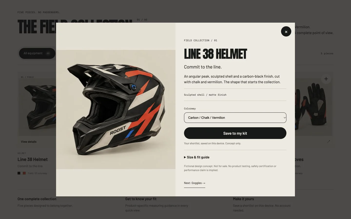 ROOST helmet detail dialog with product imagery and fit guidance