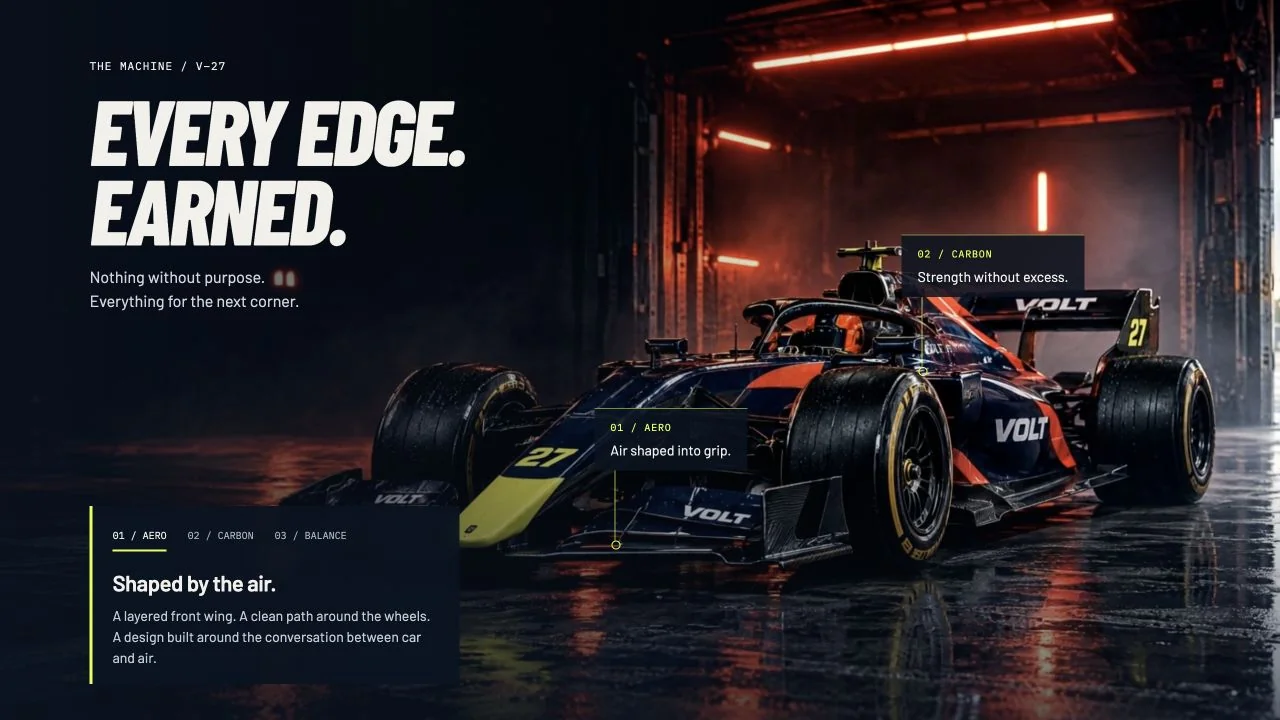 VOLT engineering section with interactive aero, carbon, and balance tabs