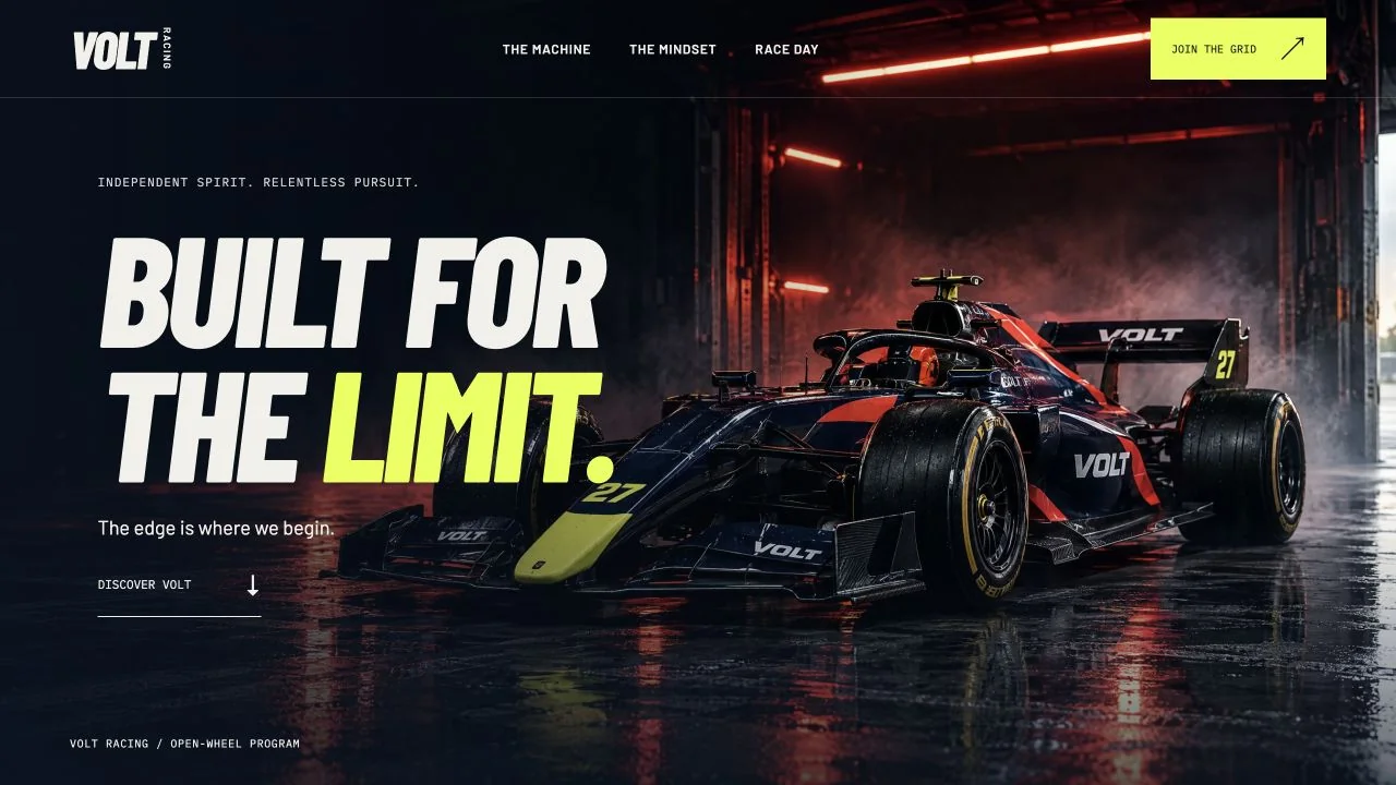 VOLT Racing homepage with an open-wheel car in a red-lit garage