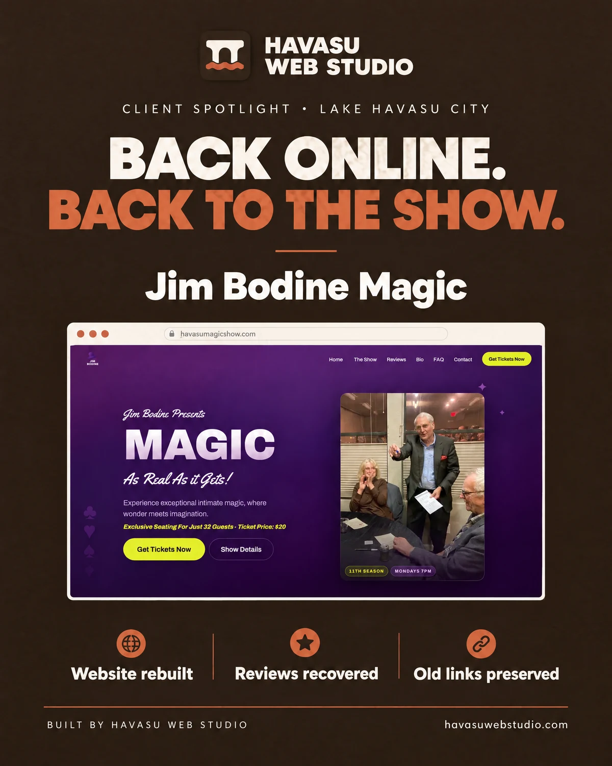 Jim Bodine Magic website spotlight: back online, back to the show.