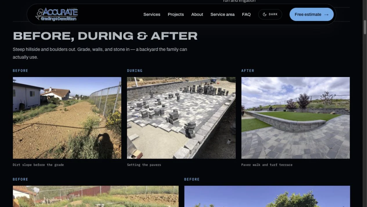 Accurate’s Dictionary Hill project page showing the original dirt slope, pavers being installed, and the finished terrace