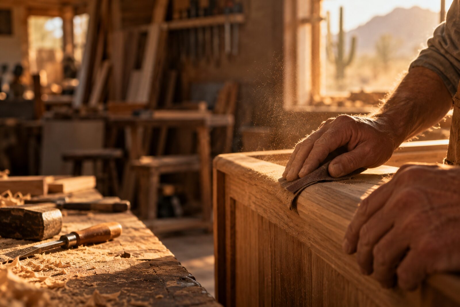 Hands shaping oak cabinetry in a warm workshop