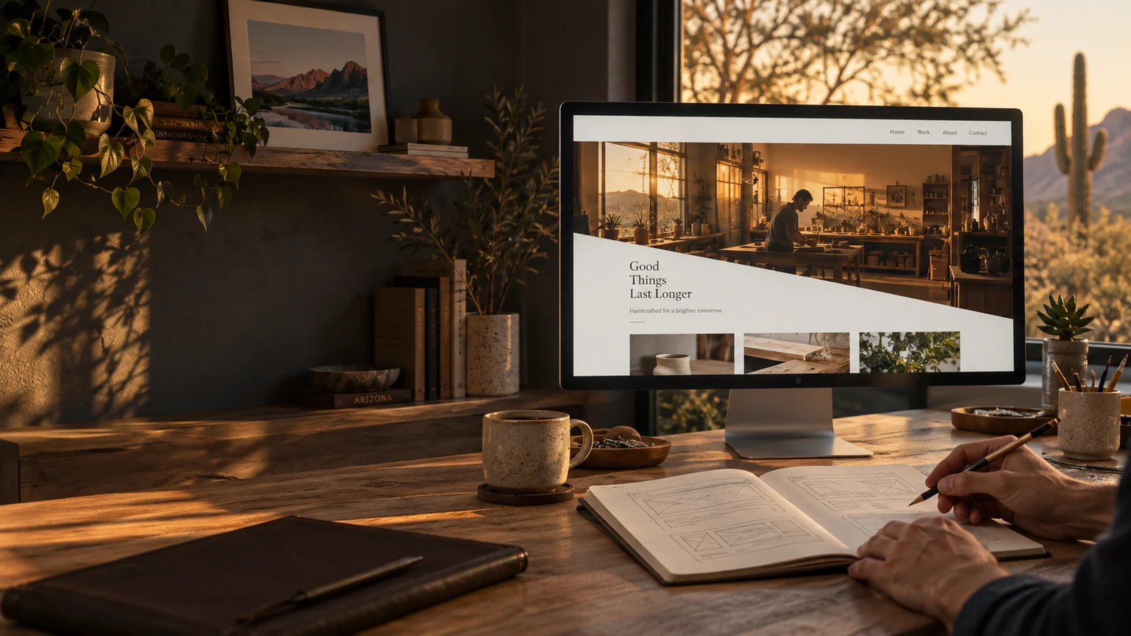 Illustrative studio workspace for planning website and campaign creative