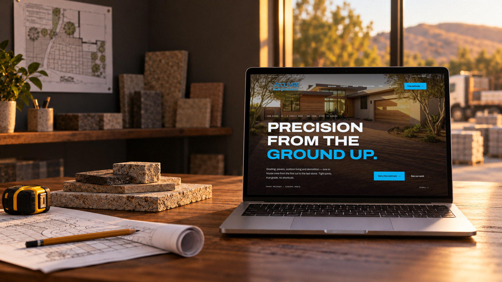Accurate Grading’s website displayed on a laptop in an illustrative contractor workspace