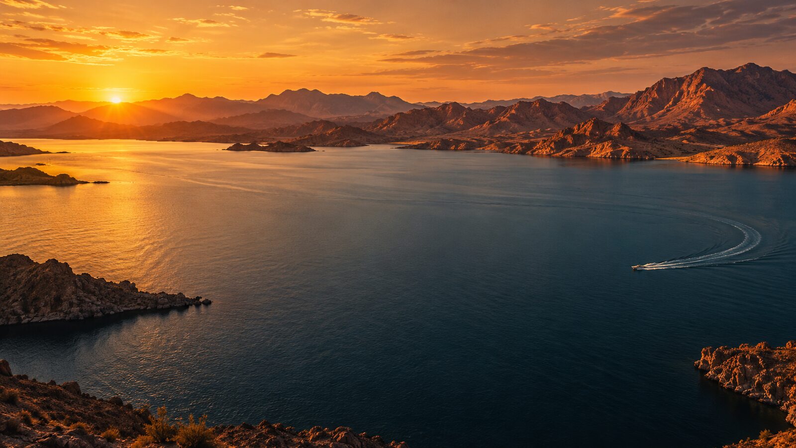 Golden light over Lake Havasu and the surrounding desert mountains